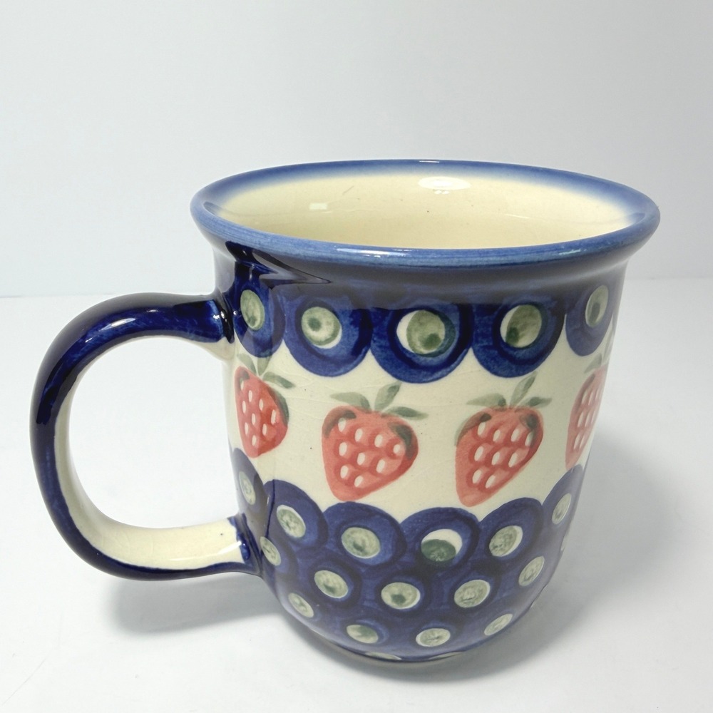Wiza Polish Pottery Strawberry Peacock Eye Coffee Mug Boleslawiec Poland Blue - Picture 3 of 6